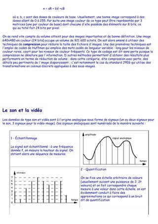 x = aR + bV +cB
où a, b, c sont des doses de couleurs de base. Usuellement, une bonne image correspond à des
doses allant de 0 à 255. Par suite une image couleur de ce type peut être représentée par 3
matrices (une par couleur de base) dont chacune d'elle possède des éléments sur 8 bits, ce
qui au total fait 24 bits par pixel.
On se rend vite compte du volume atteint pour des images importantes et de bonne définition. Une image
640x480 en couleur (24 bits) occupe un volume de 921 600 octets. On est alors amené à utiliser des
techniques de compression pour réduire la taille des fichiers d'images. Une des premières techniques est
l'emploi de codes de Huffman qui emploie des mots codés de longueur variable : long pour les niveaux de
couleur rares, court pour les niveaux de couleur fréquents. Ce type de codage est dit sans perte puisque la
compression ne dénature pas l'information. D'autres méthodes permettent d'obtenir des résultats plus
performants en terme de réduction de volume ; dans cette catégorie, dite compression avec perte, des
détails peu pertinents de l'image disparaissent ; c'est notamment le cas du standard JPEG qui utilise des
transformations en cosinus discrets appliquées à des sous-images.
Le son et la vidéo
Les données de type son et vidéo sont à l'origine analogique sous forme de signaux (un ou deux signaux pour
le son, 3 signaux pour la vidéo-image). Ces signaux analogiques sont numérisés de la manière suivante :
1 - Échantillonnage
Le signal est échantillonné : à une fréquence
donnée f, on mesure la hauteur du signal. On
obtient alors une séquence de mesures.
2 - Quantification
On se fixe une échelle arbitraire de valeurs
(usuellement suivant une puissance de 2: 2p
valeurs) et on fait correspondre chaque
mesure à une valeur dans cette échelle. on est
évidemment conduit à faire des
approximations ce qui correspond à un bruit
dit de quantification
 