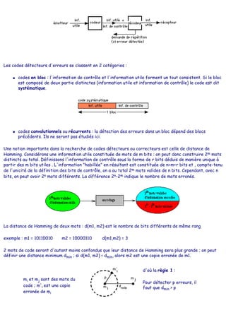 Les codes détecteurs d'erreurs se classent en 2 catégories :
● codes en bloc : l'information de contrôle et l'information utile forment un tout consistent. Si le bloc
est composé de deux partie distinctes (information utile et information de contrôle) le code est dit
systématique.
● codes convolutionnels ou récurrents : la détection des erreurs dans un bloc dépend des blocs
précédents. Ils ne seront pas étudiés ici.
Une notion importante dans la recherche de codes détecteurs ou correcteurs est celle de distance de
Hamming. Considérons une information utile constituée de mots de m bits : on peut donc construire 2m mots
distincts au total. Définissons l'information de contrôle sous la forme de r bits déduis de manière unique à
partir des m bits utiles . L'information "habillée" en résultant est constituée de n=m+r bits et , compte-tenu
de l'unicité de la définition des bits de contrôle, on a au total 2m mots valides de n bits. Cependant, avec n
bits, on peut avoir 2n mots différents. La différence 2n-2m indique le nombre de mots erronés.
La distance de Hamming de deux mots : d(m1, m2) est le nombre de bits différents de même rang
exemple : m1 = 10110010 m2 = 10000110 d(m1,m2) = 3
2 mots de code seront d'autant moins confondus que leur distance de Hamming sera plus grande ; on peut
définir une distance minimum dmin ; si d(m1, m2) < dmin, alors m2 est une copie erronée de m1.
mi et mj sont des mots du
code ; m'i est une copie
erronée de mi
d'où la règle 1 :
Pour détecter p erreurs, il
faut que dmin > p
 