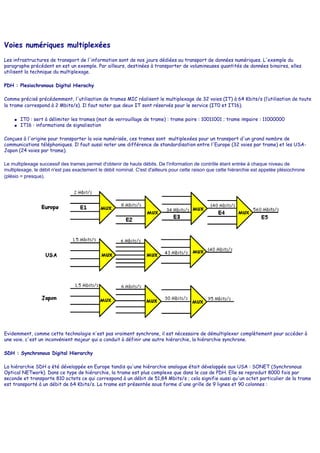 Voies numériques multiplexées
Les infrastructures de transport de l'information sont de nos jours dédiées au transport de données numériques. L'exemple du
paragraphe précédent en est un exemple. Par ailleurs, destinées à transporter de volumineuses quantités de données binaires, elles
utilisent la technique du multiplexage.
PDH : Plesiochronous Digital Hierachy
Comme précisé précédemment, l'utilisation de trames MIC réalisent le multiplexage de 32 voies (IT) à 64 Kbits/s (l’utilisation de toute
la trame correspond à 2 Mbits/s). Il faut noter que deux IT sont réservés pour le service (IT0 et IT16).
● IT0 : sert à délimiter les trames (mot de verrouillage de trame) : trame paire : 10011001 ; trame impaire : 11000000
● IT16 : informations de signalisation
Conçues à l'origine pour transporter la voie numérisée, ces trames sont multiplexées pour un transport d'un grand nombre de
communications téléphoniques. Il faut aussi noter une différence de standardisation entre l'Europe (32 voies par trame) et les USA-
Japon (24 voies par trame).
Le multiplexage successif des trames permet d'obtenir de hauts débits. De l'information de contrôle étant entrée à chaque niveau de
multiplexage, le débit n'est pas exactement le débit nominal. C'est d'ailleurs pour cette raison que cette hiérarchie est appelée plésiochrone
(plésio = presque).
Evidemment, comme cette technologie n'est pas vraiment synchrone, il est nécessaire de démultiplexer complètement pour accéder à
une voie. c'est un inconvénient majeur qui a conduit à définir une autre hiérarchie, la hiérarchie synchrone.
SDH : Synchronous Digital Hierarchy
La hiérarchie SDH a été développée en Europe tandis qu'une hiérarchie analogue était développée aux USA : SONET (Synchronous
Optical NETwork). Dans ce type de hiérarchie, la trame est plus complexe que dans le cas de PDH. Elle se reproduit 8000 fois par
seconde et transporte 810 octets ce qui correspond à un débit de 51,84 Mbits/s ; cela signifie aussi qu'un octet particulier de la trame
est transporté à un débit de 64 Kbits/s. La trame est présentée sous forme d'une grille de 9 lignes et 90 colonnes :
 