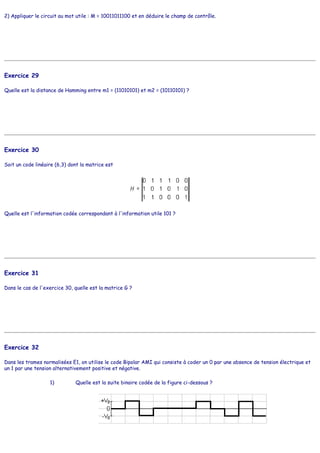 2) Appliquer le circuit au mot utile : M = 10011011100 et en déduire le champ de contrôle.
Exercice 29
Quelle est la distance de Hamming entre m1 = (11010101) et m2 = (10110101) ?
Exercice 30
Soit un code linéaire (6,3) dont la matrice est
Quelle est l'information codée correspondant à l'information utile 101 ?
Exercice 31
Dans le cas de l'exercice 30, quelle est la matrice G ?
Exercice 32
Dans les trames normalisées E1, on utilise le code Bipolar AMI qui consiste à coder un 0 par une absence de tension électrique et
un 1 par une tension alternativement positive et négative.
1) Quelle est la suite binaire codée de la figure ci-dessous ?
 