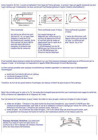 milieu tubulaire. En fait, il existe actuellement trois types de fibres optiques ; le premier type est appelé monomode (un seul
rayon lumineux par transmission), les deux autres sont multimodes (plusieurs rayons transmis simultanément) :
fibre monomode
les indices de réfraction sont
tels que n2 > n1. Le rayon laser
(longueur d'onde de 5 à 8
micromètres est canalisé. Cette
fibre permet de hauts débits
mais est assez délicate à
manipuler et présente des
complexités de connexion.
fibre multimode à saut d'indice
Les rayons lumineux se
déplacent par réflexion sur la
surface de séparation (n2>n1)
et mettent plus de temps en
déplacement que le rayon de la
fibre monomode.
L'affaiblissement est de 30
dB/km pour les fibres en verre
et de 100 dB/km pour les
fibres en matière plastique.
fibre multimode à gradient
d'indice
L'indice de réfraction croît
depuis centre vers les bords
du tube. La réflexion est
plus "douce" de ce fait.
Il est possible depuis plusieurs années de multiplexer sur une fibre plusieurs messages numériques se différenciant par la
longueur d'onde ; la technologie correspondante s'appelle WDM (Wavalength Division Multiplexing).
La fibre optique possède aussi quelques inconvénients qui tendent cependant à s'amenuiser avec le développement
technologique :
● matériels d'extrémité délicats et coûteux
● courbures brusques à éviter
● connexion délicate de deux fibres
Toutefois, du fait de son grand nombre d'avantages, les réseaux utilisent de plus en plus la fibre optique.
Déjà très utilisées pour la radio et la TV, les ondes électromagnétiques permettent une transmission sans supports matériels.
Cette utilisation est dépendante de la fréquence de l'onde.
Pour les besoins de transmission, on peut classer les ondes en deux groupes :ondes non dirigées et ondes dirigées.
● ondes non dirigées : l'émission a lieu dans toutes les directions (inondation) : pas vraiment d'intérêt pour des
communications personnalisées, sauf dans le cas de la téléphonie cellulaire (captage par relais). Par contre, pour la
diffusion d'informations, l'utilisation est courante (radio, télévision, ....)
● ondes dirigées : les utilisations des ondes dirigées, c'est à dire émise dans une direction particulière, sont
principalement les faisceaux hertziens terrestres, les transmission satellite et les réseaux sans fils.
faisceaux hertziens terrestres. Les ondes sont
émises d'un relais à l'autre en ligne droite. La
courbure de la Terre implique une distance maximum
entre les relais (tours hertziennes).
 