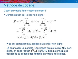 www.geii.eu 20
Méthode de codage
Coder en virgule fixe = coder un entier !
 Démonstration sur le cas non-signé
 ce qui correspond au codage d’un entier non-signé.
 pour coder un nombre en virgule fixe au format N.M non-
signé, on code l’entier sur N+M bits. Le principe se
transpose au codage des flottants en virgule fixe signés.
20
 