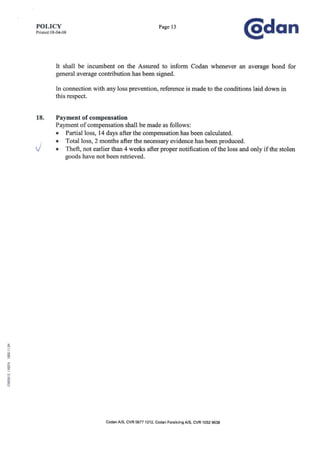 Codan marine insurance policy of Suzlon Energy A/S effective 010408 | PDF