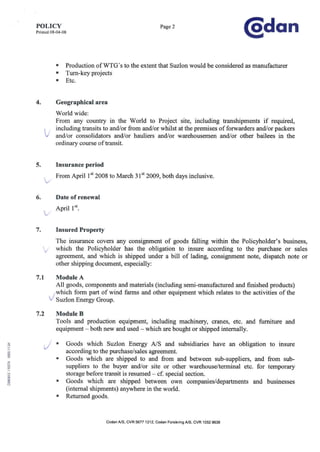 Codan marine insurance policy of Suzlon Energy A/S effective 010408 | PDF