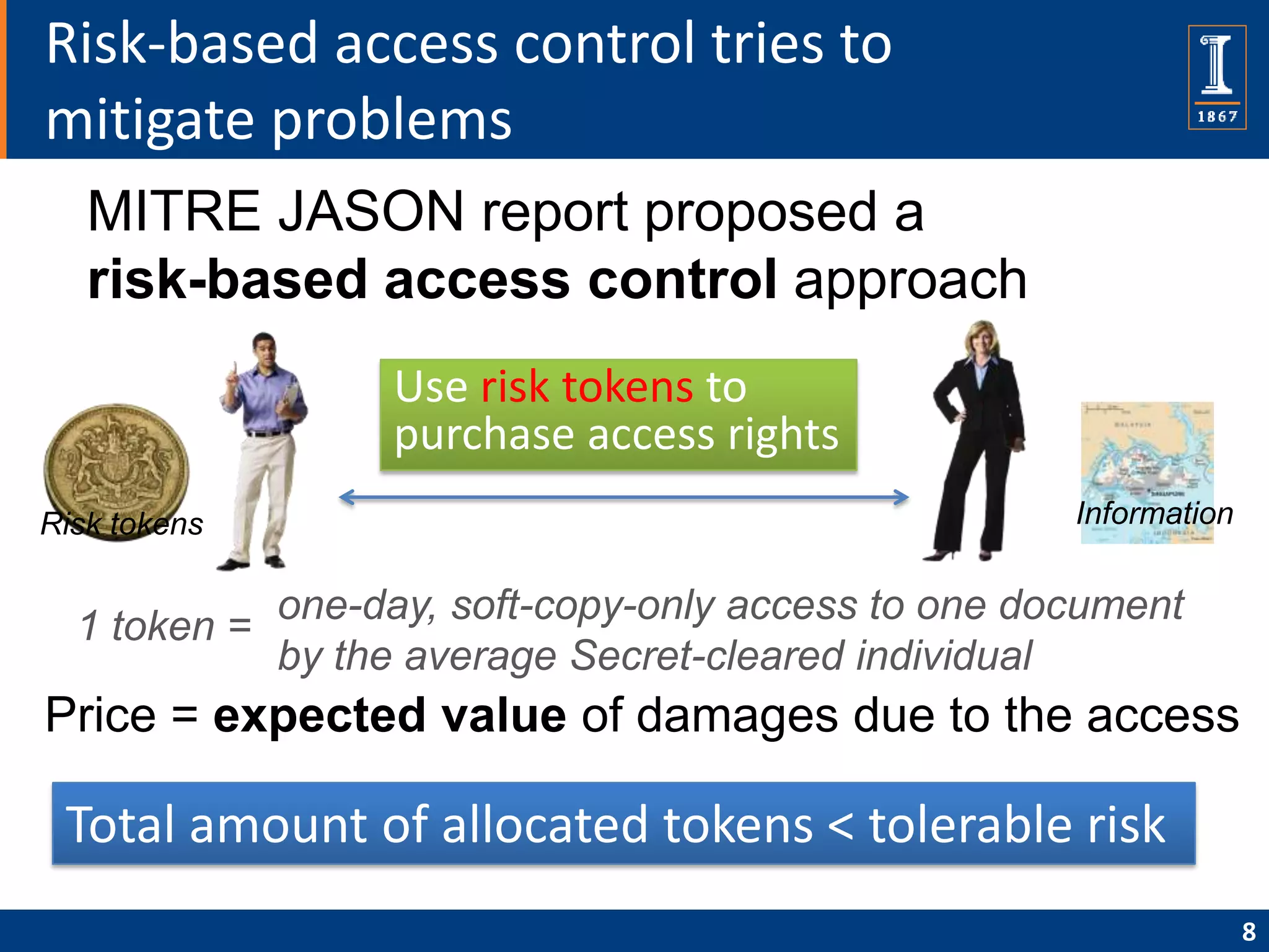 Risk-based access control tries to
mitigate problems
   MITRE JASON report proposed a
   risk-based access control approach
                  Use risk tokens to
                  purchase access rights
Risk tokens                                         Information


  1 token = one-day, soft-copy-only access to one document
            by the average Secret-cleared individual
Price = expected value of damages due to the access

 Total amount of allocated tokens < tolerable risk
                                                                  8
 