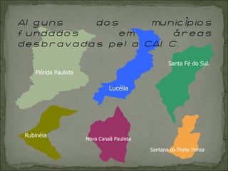 Flórida Paulista Lucélia Santa Fé do Sul. Rubinéia  Nova Canaã Paulista Santana da Ponte Pensa Alguns dos municípios fundados em áreas desbravadas pela CAIC:  