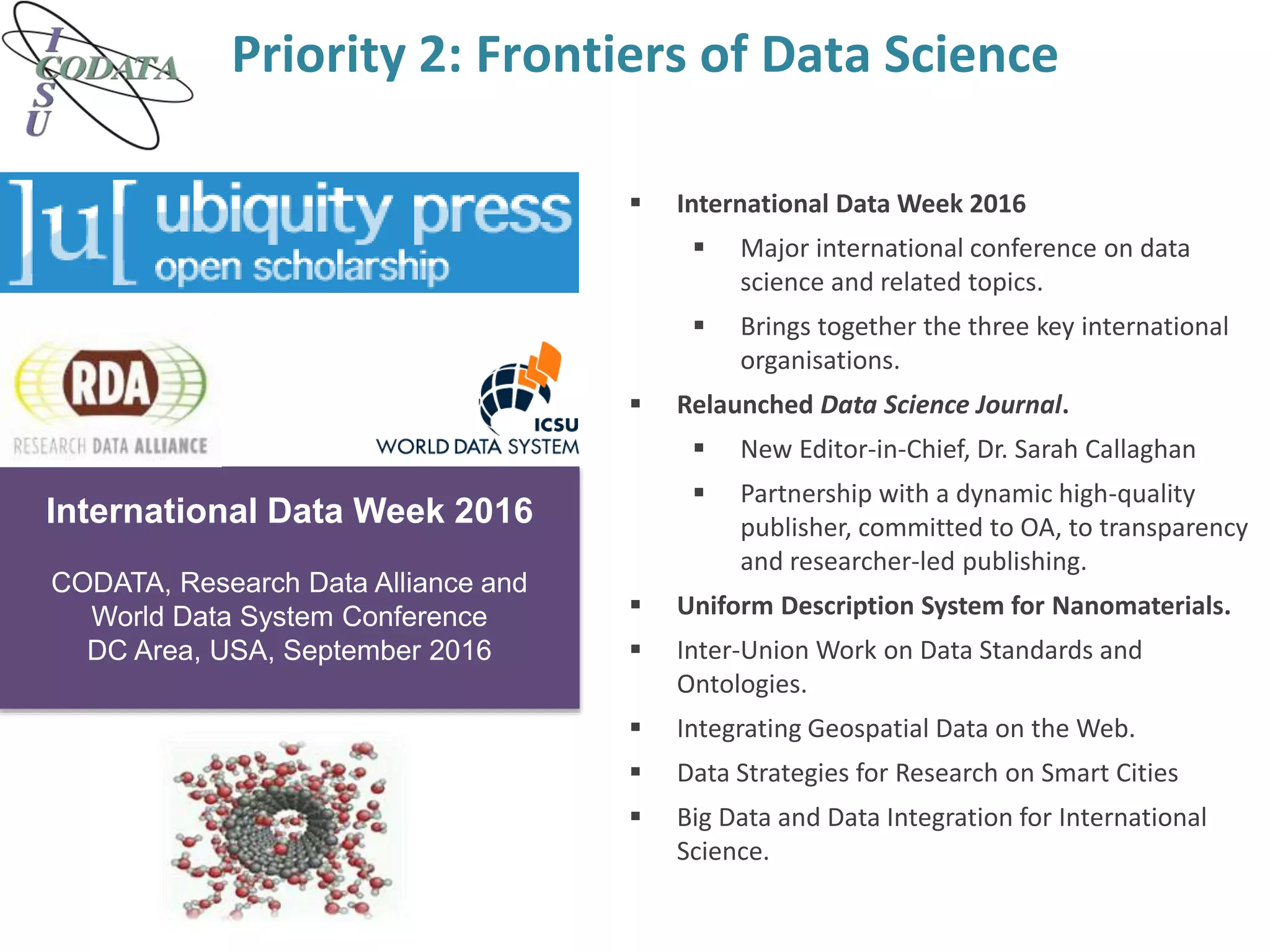 Priority 2: Frontiers of Data Science
 International Data Week 2016
 Major international conference on data
science and related topics.
 Brings together the three key international
organisations.
 Relaunched Data Science Journal.
 New Editor-in-Chief, Dr. Sarah Callaghan
 Partnership with a dynamic high-quality
publisher, committed to OA, to transparency
and researcher-led publishing.
 Uniform Description System for Nanomaterials.
 Inter-Union Work on Data Standards and
Ontologies.
 Integrating Geospatial Data on the Web.
 Data Strategies for Research on Smart Cities
 Big Data and Data Integration for International
Science.
International Data Week 2016
CODATA, Research Data Alliance and
World Data System Conference
DC Area, USA, September 2016
 