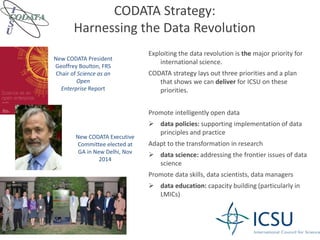 CODATA Strategy:
Harnessing the Data Revolution
Exploiting the data revolution is the major priority for
international science.
CODATA strategy lays out three priorities and a plan
that shows we can deliver for ICSU on these
priorities.
Promote intelligently open data
 data policies: supporting implementation of data
principles and practice
Adapt to the transformation in research
 data science: addressing the frontier issues of data
science
Promote data skills, data scientists, data managers
 data education: capacity building (particularly in
LMICs)
New CODATA President
Geoffrey Boulton, FRS
Chair of Science as an
Open
Enterprise Report
New CODATA Executive
Committee elected at
GA in New Delhi, Nov
2014
 