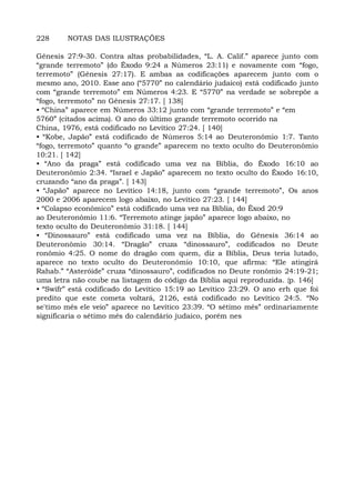 228 NOTAS DAS ILUSTRAÇÕES
Gênesis 27:9-30. Contra altas probabilidades, “L. A. Calif.” aparece junto com
“grande terremoto” (do Êxodo 9:24 a Números 23:11) e novamente com “fogo,
terremoto” (Gênesis 27:17). E ambas as codificações aparecem junto com o
mesmo ano, 2010. Esse ano (“5770” no calendário judaico) está codificado junto
com “grande terremoto” em Números 4:23. E “5770” na verdade se sobrepõe a
“fogo, terremoto” no Gênesis 27:17. [ 138]
• “China” aparece em Números 33:12 junto com “grande terremoto” e “em
5760” (citados acima). O ano do último grande terremoto ocorrido na
China, 1976, está codificado no Levítico 27:24. [ 140]
• “Kobe, Japão” está codificado de Números 5:14 ao Deuteronômio 1:7. Tanto
“fogo, terremoto” quanto “o grande” aparecem no texto oculto do Deuteronômio
10:21. [ 142]
• “Ano da praga” está codificado uma vez na Bíblia, do Êxodo 16:10 ao
Deuteronômio 2:34. “Israel e Japão” aparecem no texto oculto do Êxodo 16:10,
cruzando “ano da praga”. [ 143]
• “Japão” aparece no Levítico 14:18, junto com “grande terremoto”, Os anos
2000 e 2006 aparecem logo abaixo, no Levítico 27:23. [ 144]
• “Colapso econômico” está codificado uma vez na Bíblia, do Êxod 20:9
ao Deuteronômio 11:6. “Terremoto atinge japão” aparece logo abaixo, no
texto oculto do Deuteronômio 31:18. [ 144]
• “Dinossauro” está codificado uma vez na Bíblia, do Gênesis 36:14 ao
Deuteronômio 30:14. “Dragão” cruza “dinossauro”, codificados no Deute
ronômio 4:25. O nome do dragão com quem, diz a Bíblia, Deus teria lutado,
aparece no texto oculto do Deuteronômio 10:10, que afirma: “Ele atingirá
Rahab.” “Asteróide” cruza “dinossauro”, codificados no Deute ronômio 24:19-21;
uma letra não coube na listagem do código da Bíblia aqui reproduzida. {p. 146]
• “Swifr” está codificado do Levítico 15:19 ao Levítico 23:29. O ano erh que foi
predito que este cometa voltará, 2126, está codificado no Levítico 24:5. “No
se'timo mês ele veio” aparece no Levítico 23:39. “O sétimo mês” ordinariamente
significaria o sétimo mês do calendário judaico, porém nes
 