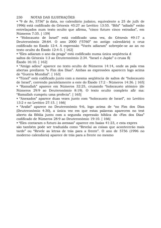 230 NOTAS DAS ILUSTRAÇÕES
• “9 de Av, 5756” (a data, no calendário judaico, equivalente a 25 de julh de
1996) está codificado do Gênesis 45:27 ao Levítico 13:55. “Bibi” “adiado” estão
entrelaçados num texto oculto que afirma, “cinco futuro cinco estradas”, em
Números 7:35. [ 159]
• “Holocausto de Israel” está codificado uma vez, do Gênesis 49:17 a
Deuteronômio 28:64. O ano 2000 (“5760” no antigo calendário) o cruz
codificado no Exodo 12:4. A expressão “Vocês adiaram” sobrepõe-se ao an no
texto oculto do Êxodo 12:4-5. [ 162]
• “Eles adiaram o ano da praga” está codificado numa única seqüência d
saltos do Gênesis 1:3 ao Deuteronômio 2:34. “Israel e Japão” o cruza fl(
Êxodo 16:10. [ 162]
• “Amigo adiou” aparece no texto oculto de Números 14:14, onde as pala vras
abertas predizem “o Fim dos Dias”. Ambas as expressões apareccn logo acima
de “Guerra Mundial”. [ 163]
• “Túnel” está codificado junto com a mesma seqüência de saltos de “holocausto
de Israel”, correndo paralelamente a este do Êxodo 17:2 - Números 14:36. [ 165]
• “Ramallah” aparece em Números 32:25, cruzando “holocausto atômico (de
Números 29:9 ao Deuteronômio 8:19). O texto oculto completo afir ma:
“Ramallah cumpriu uma profecia”. [ 165]
• “Anexados” aparece duas vezes junto com “holocausto de Israel”, no Levítico
13:2 e no Levítico 27:15. [ 166]
• “Arafat” aparece no Deuteronômio 9:6, logo acima de “no Fim dos Dias
(Deuteronômio 4:30), a única vez em que estas palavras aparecem no text
aberto da Bíblia junto com a segunda expressão bíblica do «Fim dos Dias”
codificado de Números 28:9 ao Deuteronômio 19:10. [ 166]
• “Eles contaram o futuro às avessas” aparece em Isaías 41:23, e esta expres
são também pode ser traduzida como “Revelai as coisas que acontecerão mais
tarde” ou “Revele as letras de trás para a frente”. O ano de 5756 (1996 no
moderno calendário) aparece de trás para a frente no mesmo
 