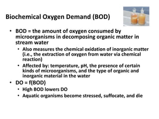 Biochemical Oxygen Demand (BOD)
• BOD = the amount of oxygen consumed by
microorganisms in decomposing organic matter in
stream water
• Also measures the chemical oxidation of inorganic matter
(i.e., the extraction of oxygen from water via chemical
reaction)
• Affected by: temperature, pH, the presence of certain
kinds of microorganisms, and the type of organic and
inorganic material in the water
• DO = f(BOD)
• High BOD lowers DO
• Aquatic organisms become stressed, suffocate, and die
 