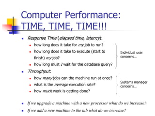  Response Time (elapsed time, latency):
 how long does it take for my job to run?
 how long does it take to execute (start to
finish) my job?
 how long must I wait for the database query?
 Throughput:
 how many jobs can the machine run at once?
 what is the average execution rate?
 how much work is getting done?
 If we upgrade a machine with a new processor what do we increase?
 If we add a new machine to the lab what do we increase?
Computer Performance:
TIME, TIME, TIME!!!
Individual user
concerns…
Systems manager
concerns…
 