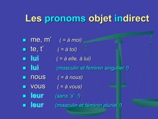 Les pronoms objet indirect
 me, m’ ( = à moi)
 te, t’ ( = à toi)
 lui ( = à elle, à lui)
 lui (masculin et féminin singulier !)
 nous ( = à nous)
 vous ( = à vous)
 leur (sans ‘s’ !)
 leur (masculin et féminin pluriel !)
 