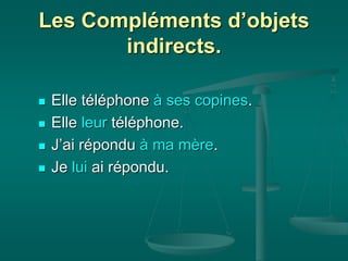 Les Compléments d’objets
indirects.
 Elle téléphone à ses copines.
 Elle leur téléphone.
 J’ai répondu à ma mère.
 Je lui ai répondu.
 