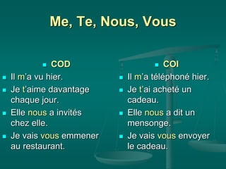 Me, Te, Nous, Vous
 COD
 Il m’a vu hier.
 Je t’aime davantage
chaque jour.
 Elle nous a invités
chez elle.
 Je vais vous emmener
au restaurant.
 COI
 Il m’a téléphoné hier.
 Je t’ai acheté un
cadeau.
 Elle nous a dit un
mensonge.
 Je vais vous envoyer
le cadeau.
 