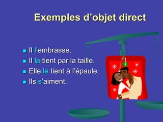 Exemples d’objet direct
 Il l’embrasse.
 Il la tient par la taille.
 Elle le tient à l’épaule.
 Ils s’aiment.
 