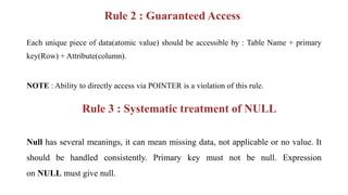 Rule 2 : Guaranteed Access
Each unique piece of data(atomic value) should be accessible by : Table Name + primary
key(Row) + Attribute(column).
NOTE : Ability to directly access via POINTER is a violation of this rule.
Rule 3 : Systematic treatment of NULL
Null has several meanings, it can mean missing data, not applicable or no value. It
should be handled consistently. Primary key must not be null. Expression
on NULL must give null.
 