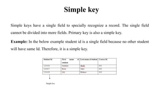 Simple key
Simple keys have a single field to specially recognize a record. The single field
cannot be divided into more fields. Primary key is also a simple key.
Example: In the below example student id is a single field because no other student
will have same Id. Therefore, it is a simple key.
 