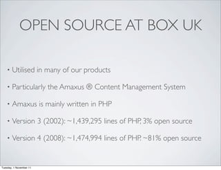 OPEN SOURCE AT BOX UK

    •   Utilised in many of our products

    •   Particularly the Amaxus ® Content Management System

    •   Amaxus is mainly written in PHP

    •   Version 3 (2002): ~1,439,295 lines of PHP, 3% open source

    •   Version 4 (2008): ~1,474,994 lines of PHP. ~81% open source


Tuesday, 1 November 11
 