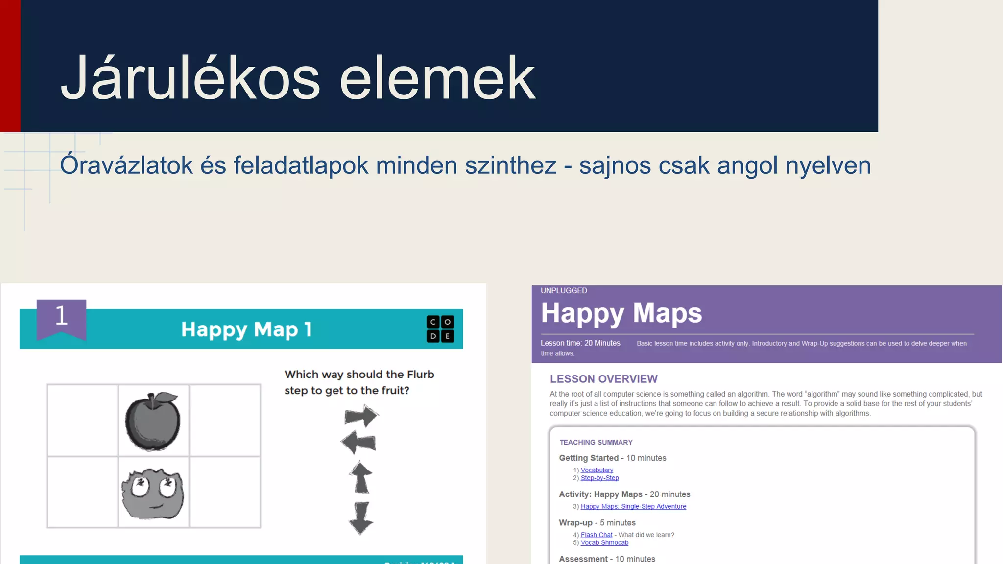 Járulékos elemek
Óravázlatok és feladatlapok minden szinthez - sajnos csak angol nyelven
 