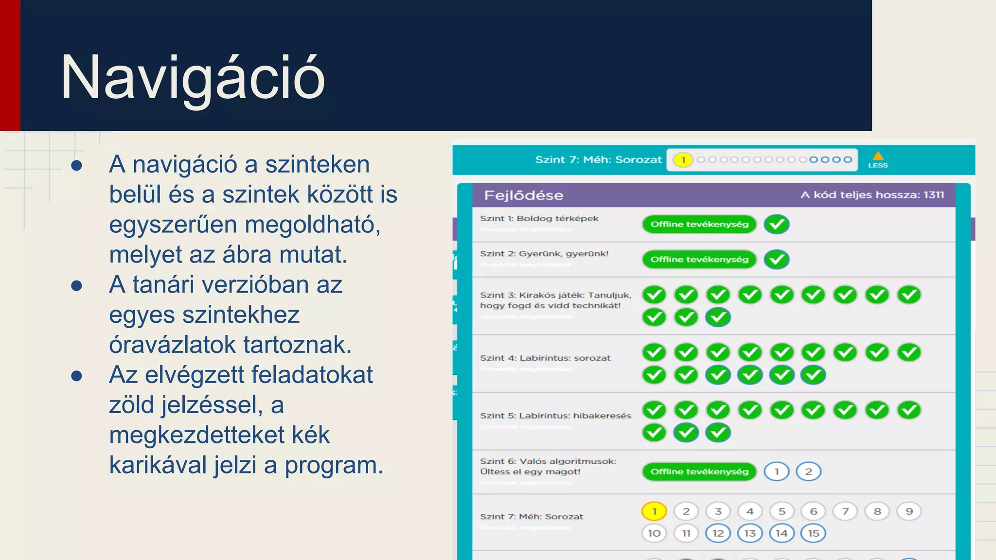Navigáció
● A navigáció a szinteken
belül és a szintek között is
egyszerűen megoldható,
melyet az ábra mutat.
● A tanári verzióban az
egyes szintekhez
óravázlatok tartoznak.
● Az elvégzett feladatokat
zöld jelzéssel, a
megkezdetteket kék
karikával jelzi a program.
 