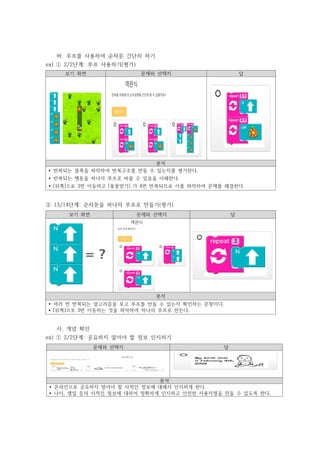 바. 루프를 사용하여 순차문 간단히 하기
ex) ⓵ 2/2단계: 루프 사용하기(평가)
보기 화면 문제와 선택지 답
분석
Ÿ 반복되는 블록을 파악하여 반복구조를 만들 수 있는지를 평가한다.
Ÿ 반복되는 행동을 하나의 루프로 바꿀 수 있음을 이해한다.
Ÿ [위쪽]으로 3번 이동하고 [꽃꿀얻기] 가 4번 반복되므로 이를 파악하여 문제를 해결한다.
⓶ 13/14단계: 순차문을 하나의 루프로 만들기(평가)
보기 화면 문제와 선택지 답
분석
Ÿ 여러 번 반복되는 알고리즘을 보고 루프를 만들 수 있는지 확인하는 문항이다.
Ÿ [위쪽]으로 3번 이동하는 것을 파악하여 하나의 루프로 만든다.
사. 개념 확인
ex) ⓵ 2/2단계: 공유하지 말아야 할 정보 인지하기
문제와 선택지 답
분석
Ÿ 온라인으로 공유하지 말아야 할 사적인 정보에 대해서 인지하게 한다.
Ÿ 나이, 생일 등의 사적인 정보에 대하여 정확하게 인지하고 안전한 사용자명을 만들 수 있도록 한다.
 
