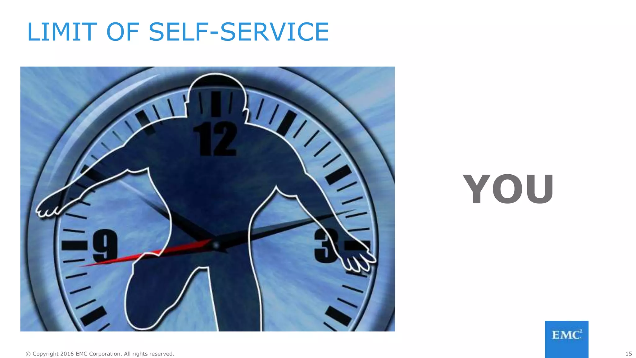 15© Copyright 2016 EMC Corporation. All rights reserved. 15© Copyright 2016 EMC Corporation. All rights reserved.
IAAS DOESN’T SCALE BY ITSELF
Scaling application tiers to match demand
Attaching the correct persistent storage
Manual processes are error-prone
Infrastructure cannot keep up with requirements
of newer applications without automation
 