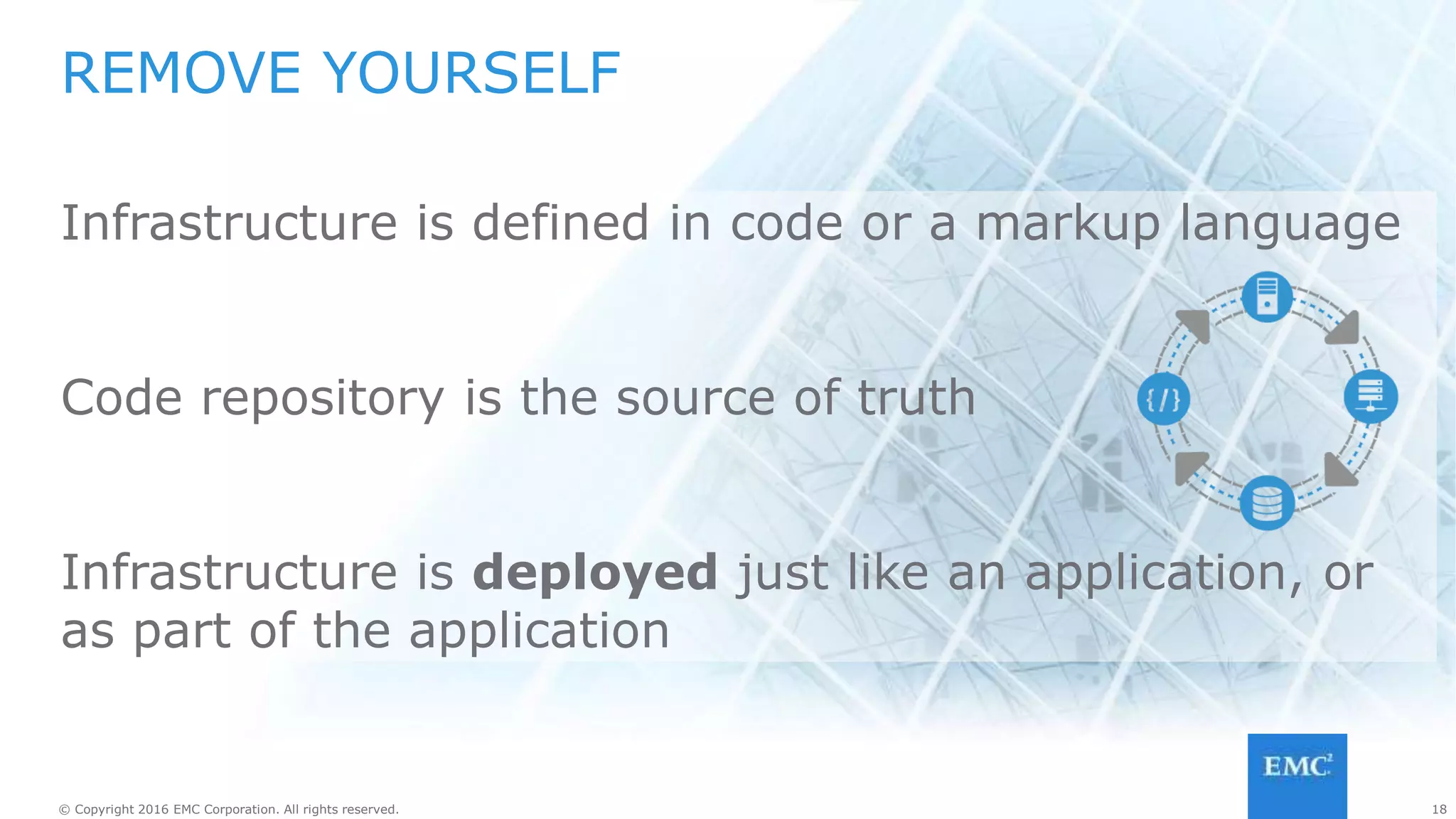 18© Copyright 2016 EMC Corporation. All rights reserved. 18© Copyright 2016 EMC Corporation. All rights reserved.
CHANGE THE CODE, NOT THE SERVER
REPEATABLE IMMUTABLE
NO SURPRISES
 