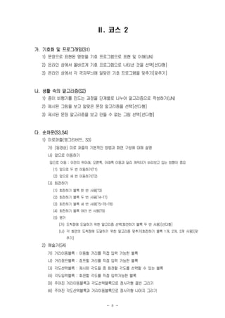 - 8 -
Ⅱ. 코스 2
가. 기호화 및 프로그래밍(S1)
1) 문장으로 표현된 명령을 기호 프로그램으로 표현 및 이해(UN)
2) 온라인 상에서 올바르게 기호 프로그램으로 나타낸 것을 선택[선다형]
3) 온라인 상에서 각 격자무늬에 알맞은 기호 프로그램을 맞추기[맞추기]
나. 생활 속의 알고리즘(S2)
1) 종이 비행기를 만드는 과정을 단계별로 나누어 알고리즘으로 작성하기(UN)
2) 제시된 그림을 보고 알맞은 문장 알고리즘을 선택[선다형]
3) 제시된 문장 알고리즘을 보고 만들 수 없는 그림 선택[선다형]
다. 순차문(S3,S4)
1) 미로퍼즐(엥그리버드, S3)
가) [동영상] 미로 퍼즐의 기본적인 방법과 화면 구성에 대해 설명
나) 앞으로 이동하기
앞으로 이동 : 이전의 위아래, 오른쪽, 아래쪽 이동과 달리 캐릭터가 바라보고 있는 방향이 중요
(1) 앞으로 두 번 이동하기(T1)
(2) 앞으로 세 번 이동하기(T2)
다) 회전하기
(1) 회전하기 블록 한 번 사용(T3)
(2) 회전하기 블록 두 번 사용(T4-T7)
(3) 회전하기 블록 세 번 사용(T5-T6-T8)
(4) 회전하기 블록 여러 번 사용(T9)
(5) 평가
(가) 도착점에 도달하기 위한 알고리즘 선택(회전하기 블록 두 번 사용)[선다형]
(나) 각 화면의 도착점에 도달하기 위한 알고리즘 맞추기(회전하기 블록 1개, 2개, 3개 사용)[맞
추기]
2) 예술가(S4)
가) 거리이동블록 : 이동할 거리를 직접 입력 가능한 블록
나) 거리점프블록 : 점프할 거리를 직접 입력 가능한 블록
다) 각도선택블록 : 제시된 각도들 중 회전할 각도를 선택할 수 있는 블록
라) 각도입력블록 : 회전할 각도를 직접 입력가능한 블록
마) 주어진 거리이동블록과 각도선택블록으로 정사각형 절반 그리기
바) 주어진 각도선택블록과 거리이동블록으로 정사각형 나머지 그리기
 