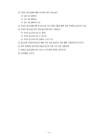 - 22 -
2) 주어진 알고리즘에 블록 추가하여 루프 안에 넣기
가) 이동 거리 블록(T2)
나) 각도 변경 블록(T5)
다) 점프 이동 블록(T9-T10)
3) 주어진 알고리즘에 툴 박스에 있는 보기 중에 적절한 블록 모음 선택하여 넣기(T3-T14)
4) 주어진 알고리즘 루프 안에 넣기(반복 횟수 지정하기)
가) 주어진 알고리즘 루프 한 개(T6)
나) 주어진 알고리즘 루프 두 개(T10)
다) 주어진 알고리즘 루프 없음(원 그리기,T12)
5) 알고리즘 수정하기(하나의 블록 수정 사항 알려주고 뒤에 블록 수정하도록 하기)(T7)
6) 루프 이용하여 알고리즘 만들기(각도와 이동 거리 힌트 있음)(T8)
7) 원래의 알고리즘에 루프 하나 더 추가하여 루프로 묶기(T13)
8) [자유롭게 그리기]
 