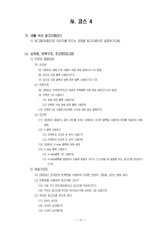 - 23 -
Ⅳ. 코스 4
가. 생활 속의 알고리즘(S1)
1) 탱그램(퍼즐)으로 이미지를 만드는 과정을 알고리즘으로 설명하기(UN)
나. 순차문, 반복구조, 조건문(S2,S3)
1) 미로와 꿀벌(S2)
가) 순차문
(5) [동영상] 꿀벌 미로 퍼즐의 해결 방법 설명(코스1과 동일)
(6) 앞으로 이동 블록 사용하기(T1)
(7) 앞으로 이동 블록과 방향 회전 블록 사용하기(T2-T3)
나) 반복구조
(8) [동영상] 반복문(루프)의 개념과 반복블록 사용 방법 설명(코스2와 동일)
(9) 반복문 1번 사용하기
(가) 방향 회전 블록 사용X(T4)
(나) 반복문 안에 방향 회전 블록 사용(T6)
(10) 반복문 2번 사용하기(반복문 사이에 방향 회전 블록)(T5)
다) 조건문
(11) [동영상] 꽃꿀이나 꿀의 개수를 모르는 상황에서 조건문 블록을 사용하여 문제를 해결하는 방법
설명
(12) if 블록 사용하기
(가) 반복문과 조건문 한 번씩 사용(T7)
(나) 반복문과 조건문 두 번씩 사용(T8)
(13) [동영상] if~else 블록에 대해 설명
(14) if~else 블록 사용하기
(가) if~else블록 1번 사용(T9)
(나) if~else블록을 중첩하여 사용해 꽃꿀의 개수가 1,2,3개일 때 꽃꿀을 얻는 알고리즘 완성하기
(T10)
2) 예술가(S3)
가) [동영상] 순차문과 반복문을 사용하여 다양한 모양의 그림을 그리는 방법 제시
나) 반복문을 사용하여 정사각형 그리기
(15) 이동 거리 힌트(팝업창)보고 알고리즘 작성하기(T1)
(16) 주어진 알고리즘 루프로 묶기(정사각형 내부에 그림 있음)(T2)
다) 주어진 알고리즘 루프로 묶기
(17) 8개의 선(T3)
(18) 10개의 삼각형(T7)
(19) 12개의 삼각형(T8)
 