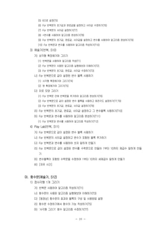 - 26 -
(5) 6으로 설정(T5)
(6) For 반복문의 초기값과 완료값을 설정하고 사이값 수정하기(T6)
(7) For 반복문의 사이값 설정하기(T7)
(8) +변수를 사용하여 알고리즘 완성하기(T8)
(9) For 반복문의 초기값, 완료값, 사이값을 설정하고 변수를 사용하여 알고리즘 완성하기(T9)
(10) For 반복문과 변수를 사용하여 알고리즘 작성하기(T10)
3) 예술가(반복, S10)
가) 삼각형 확장해가며 그리기
(1) 반복문을 사용하여 알고리즘 작성(T1)
(2) For 반복문이 사용된 알고리즘 실행해보며 이해하기(T2)
(3) For 반복문의 초기값, 완료값, 사이값 수정하기(T3)
나) For 반복문으로 값이 설정된 변수 블록 사용하기
(1) 사각형 확장해가며 그리기(T4)
(2) 원 확장해가며 그리기(T5)
다) 미로 모양 그리기
(1) For 반복문 안에 반복문을 추가하여 알고리즘 완성하기(T6)
(2) For 반복문으로 값이 설정된 변수 블록을 사용하고 회전각도 설정하기(T7,T9)
(3) For 반복문의 초기값, 완료값, 사이값 설정하기(T8)
라) For 반복문의 초기값, 완료값, 사이값 설정하고 그 변수블록 사용하기(T10)
마) For 반복문과 변수를 사용하여 알고리즘 완성하기(T11)
(1) For 반복문과 변수를 사용하여 알고리즘 작성하기(T12)
4) Play Lab(반복, S11)
가) For 반복문으로 값이 설정된 변수 블록 사용하기
나) For 반복문의 사이값 설정하고 변수가 포함된 블록 추가하기
다) For 반복문과 변수를 사용하여 숫자 말하게 만들기
라) For 반복문으로 값이 설정된 변수를 수학문으로 만들어 1부터 10까지 제곱수 말하게 만들
기
마) 변수블록이 포함된 수학문을 수정하여 1부터 10까지 세제곱수 말하게 만들기
바) [자유 시간]
마. 함수문(예술가, S12)
1) 정사각형 1개 그리기
가) 반복문 사용하여 알고리즘 작성하기(T1)
나) 함수문이 사용된 알고리즘 실행해보며 이해하기(T3)
다) [동영상] 함수문의 효과와 블록의 구성 및 사용방법 설명
라) 함수문 수정하기에서 함수의 기능 작성하기(T5)
마) '사각형 그리기' 함수 알고리즘 수정하기(T7)
 