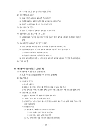 - 27 -
바) '사각형 그리기' 함수 알고리즘 작성하기(T10)
2) 정사각형 3개 그리기
가) 중첩 반복문 사용하여 알고리즘 작성하기(T2)
나) 각도입력블록이 활용된 알고리즘을 실행해보며 이해하기(T4)
다) 함수문 수정하기에서 함수의 기능 작성하기(T6)
3) 정삼각형 1개 그리기
가) 함수 알고리즘에서 반복문의 반복횟수 수정하기(T8)
4) 정삼각형 1개와 정사각형 1개 그리기
가) 설정되어있는 '삼각형 그리기'와 '사각형 그리기' 함수 블록을 사용하여 프로그램 작성하기
(T9)
5) 정사각형으로 이루어진 열 그리기(응용)
가) 중첩 반복문을 포함하는 함수 알고리즘을 실행해보며 이해하기(T11)
나) 설정되어있는 함수 알고리즘 블록과 반복문을 사용하여 프로그램 작성하기
(3) 이동거리와 회전각도 설정되어 있음(T12)
(4) 이동거리와 회전각도 힌트(팝업창)로 제시(T13)
다) 함수 알고리즘의 반복횟수 수정과 함수 알고리즘 블록을 사용하여 프로그램 작성하기(T14)
6) [자유 시간]
바. 매개변수와 함수(S13,S14,S15,S16)
1) 매개변수를 사용한 노래 만들기(S13)
가) 노래 가사 중 코러스를 매개변수에 비유하여 설명(UN)
2) 예술가(S14)
가) 정사각형 그리기
(1) 함수문 사용(T1)
(2) [동영상] 함수문에서 매개변수를 추가하여 사용할 수 있다는 것을 제시
(3) For 반복문을 추가하고 매개변수 블록을 넣어 사각형 3개를 그리기 위한 프로그램 완성하기(T9)
나) 정삼각형 그리기(응용)
(1) [동영상] 함수문을 직접 생성하고 작성하는 방법 설명
(2) '삼각형 그리기' 함수 알고리즘 작성하기(T2)
(3) 설정되어있는 '삼각형 그리기' 함수 알고리즘을 사용하여 같은 크기의 삼각형 3개를 그리는 프로
그램 작성하기(T3)
(4) 매개변수의 사용
(가) 힌트를 보고 매개변수의 입력값을 각각 설정하기
① 점점 작아지는 3개의 삼각형 그리기(T4)
② 점점 커지는 3개의 삼각형 그리기(T7)
(나) For 반복문과 함수문을 사용하여 프로그램 완성하기(T8)
 