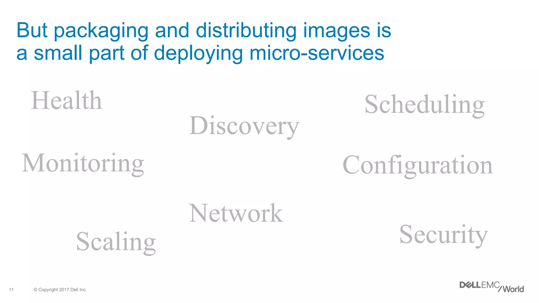 © Copyright 2017 Dell Inc.11
But packaging and distributing images is
a small part of deploying micro-services
Discovery
Scaling Security
Monitoring Configuration
SchedulingHealth
Network
 