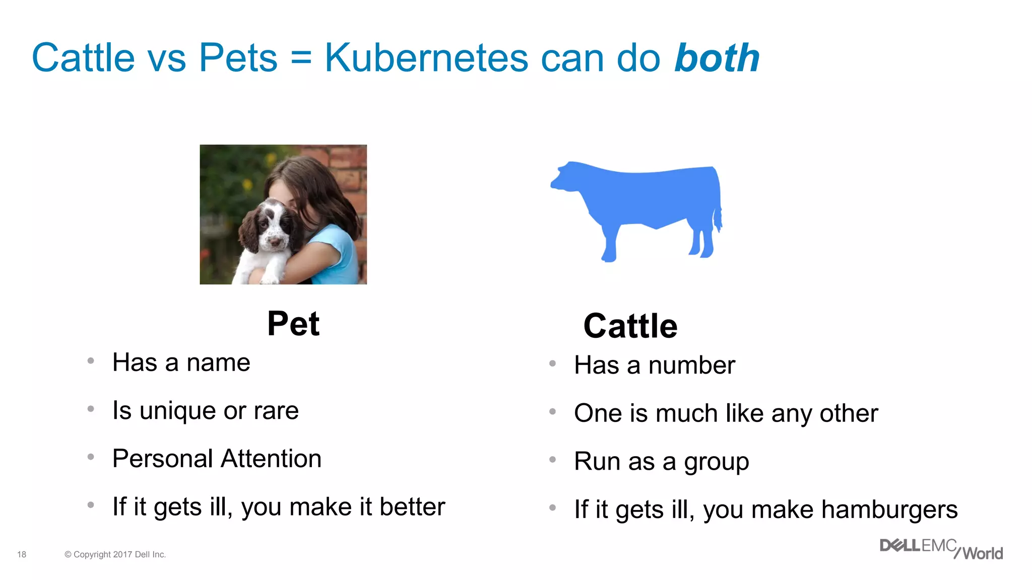 © Copyright 2017 Dell Inc.18
Cattle
• Has a number
• One is much like any other
• Run as a group
• If it gets ill, you make hamburgers
Pet
• Has a name
• Is unique or rare
• Personal Attention
• If it gets ill, you make it better
Cattle vs Pets = Kubernetes can do both
 
