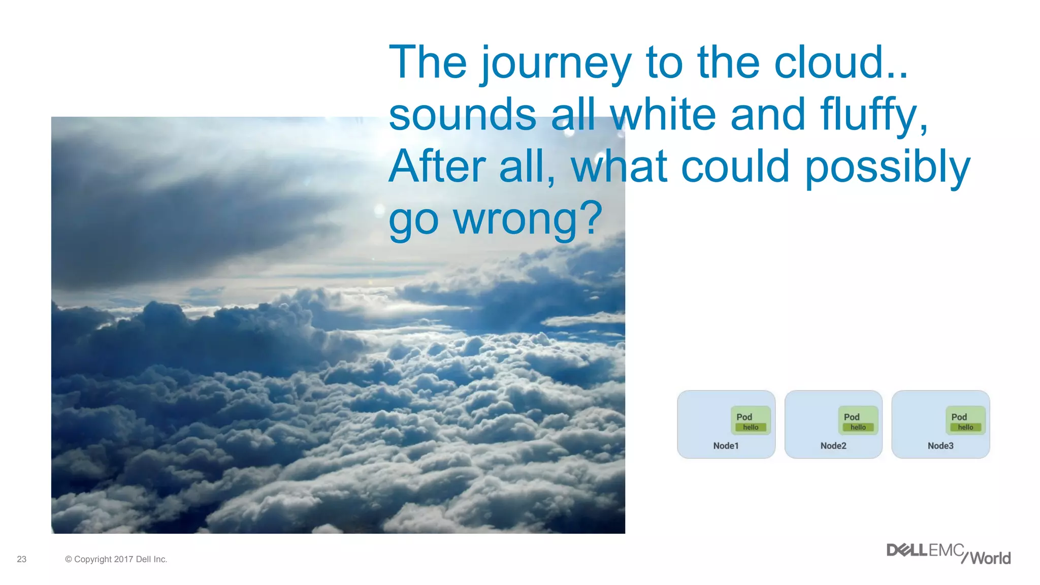 © Copyright 2017 Dell Inc.23
The journey to the cloud..
sounds all white and fluffy,
After all, what could possibly
go wrong?
 