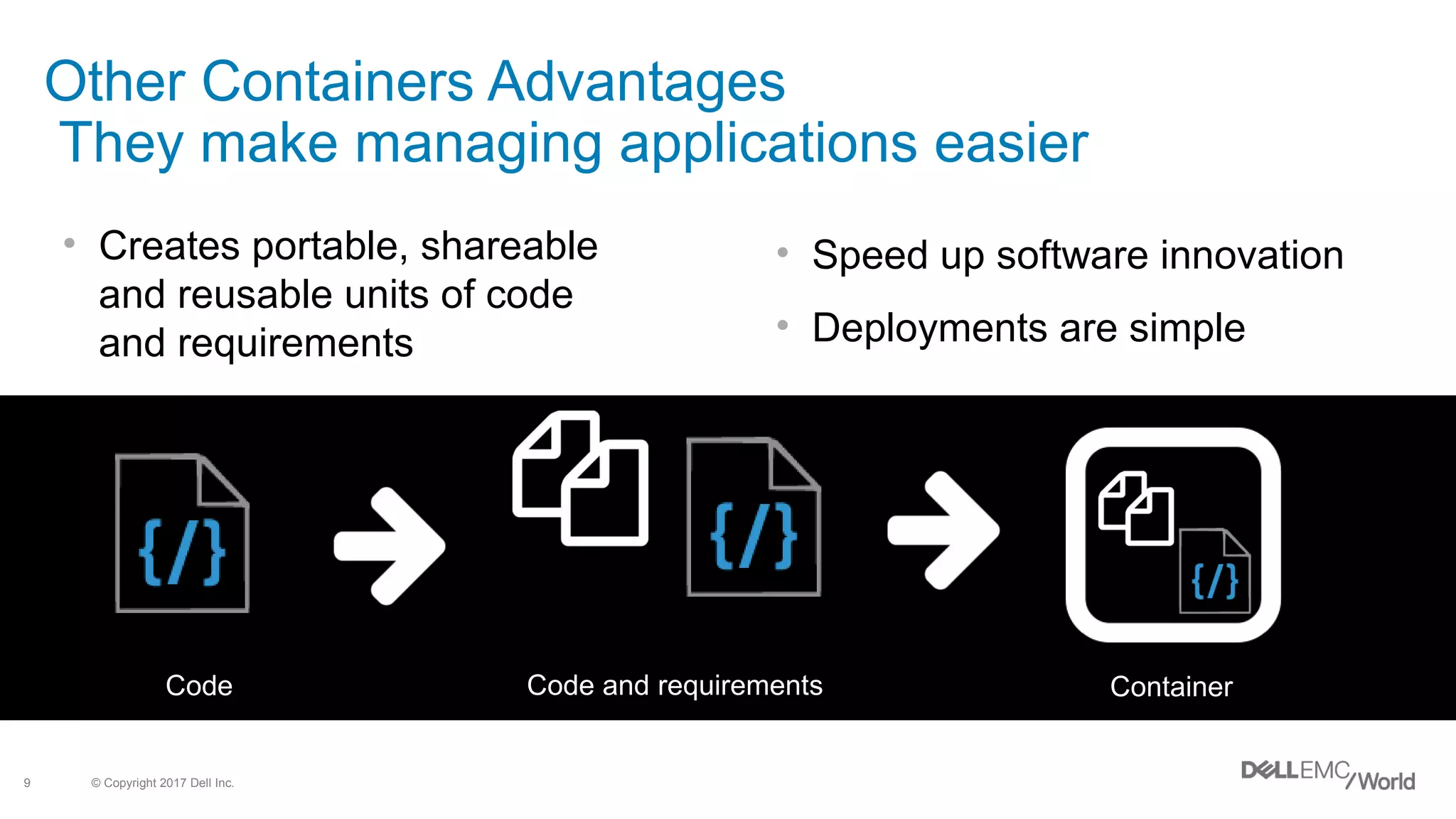 © Copyright 2017 Dell Inc.9
Other Containers Advantages
They make managing applications easier
• Speed up software innovation
• Deployments are simple
• Creates portable, shareable
and reusable units of code
and requirements
Code Code and requirements Container
 