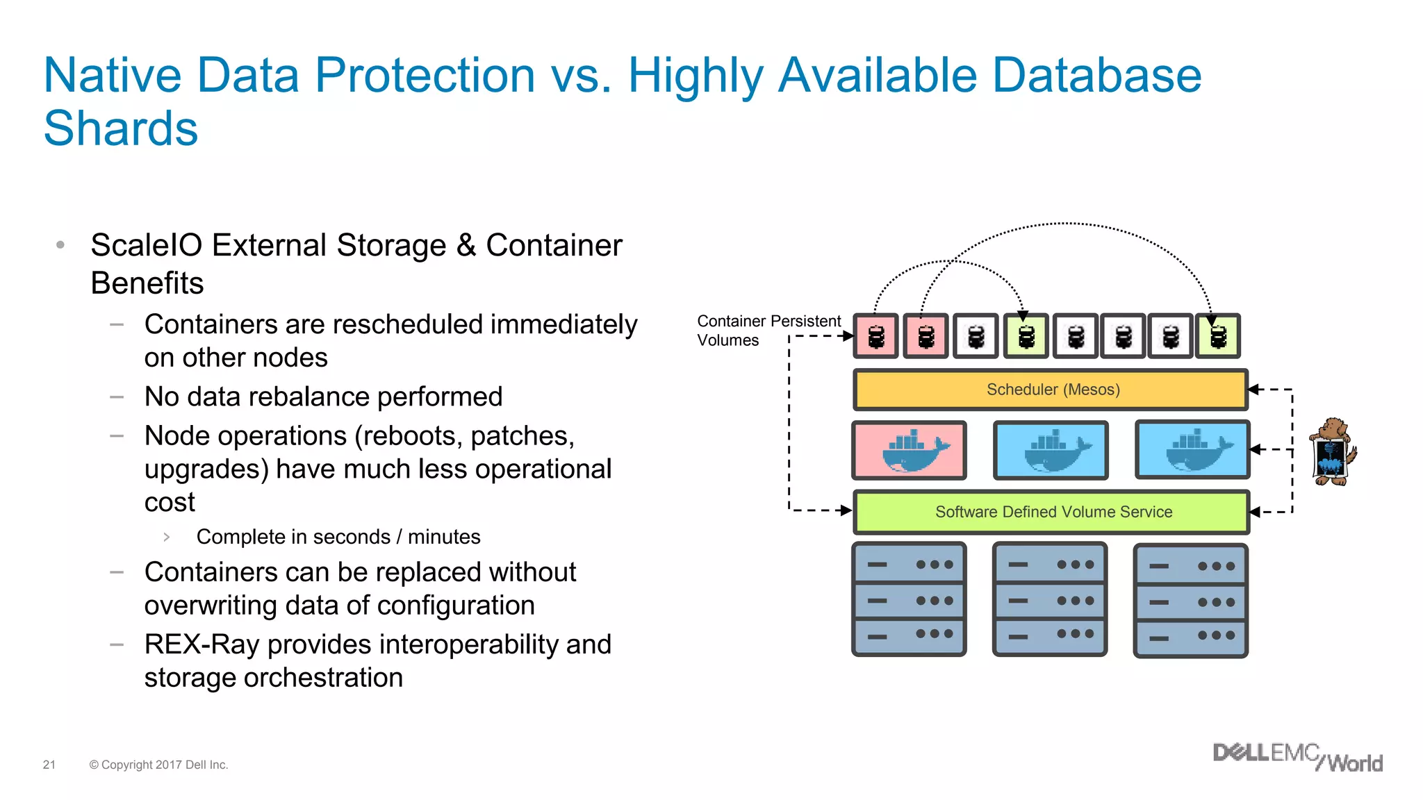 © Copyright 2017 Dell Inc.21
Native Data Protection vs. Highly Available Database
Shards
• ScaleIO External Storage & Container
Benefits
– Containers are rescheduled immediately
on other nodes
– No data rebalance performed
– Node operations (reboots, patches,
upgrades) have much less operational
cost
› Complete in seconds / minutes
– Containers can be replaced without
overwriting data of configuration
– REX-Ray provides interoperability and
storage orchestration
Scheduler (Mesos)
Container Persistent
Volumes
Software Defined Volume Service
 