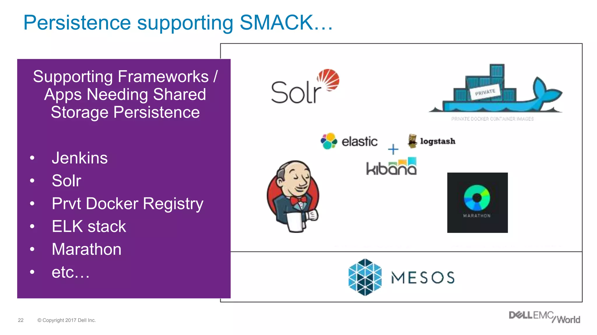 © Copyright 2017 Dell Inc.22
Persistence supporting SMACK…
Spark The engine
Akka The model
Cassandra The storage
Kafka The broker
Supporting Frameworks /
Apps Needing Shared
Storage Persistence
• Jenkins
• Solr
• Prvt Docker Registry
• ELK stack
• Marathon
• etc…
 