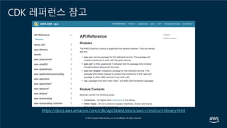 https://docs.aws.amazon.com/cdk/api/latest/docs/aws-construct-library.html
CDK 레퍼런스 참고
 