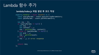 Lambda 함수 추가
exports.handler = async (event) => {
const queryParams = event.queryStringParameters;
const pathParams = event.pathParameters;
let res = {};
if (queryParams != null) {
let key = …;
let content = …;
res = putItem(key, content);
} else if (pathParams != null) {
let pid = …;
res = getItem(pid);
} else {
res = …; // error response
}
return res;
};
 