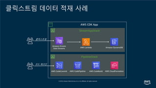 클릭스트림 데이터 적재 사례
AWS CDK App
PipelineStack
AWS CodeCommit AWS CodeBuild AWS CloudFormation
코드 체크인
AWS CodePipeline
StreamAppStack
Amazon Kinesis
Data Streams
클릭스트림
AWS Lambda Amazon DynamoDB
 