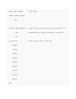 DELAY: MOV R7,#250D // 1mS delay
LABEL2: DJNZ R7,LABEL2
RET
DISPLAY: MOVC A,@A+DPTR // gets the digit drive pattern for the content in A
CPL A // complements the digit drive pattern (see Note 1)
RET
LUT: DB 3FH // look up table (LUT) starts here
DB 06H
DB 5BH
DB 4FH
DB 66H
DB 6DH
DB 7DH
DB 07H
DB 7FH
DB 6FH
END
 