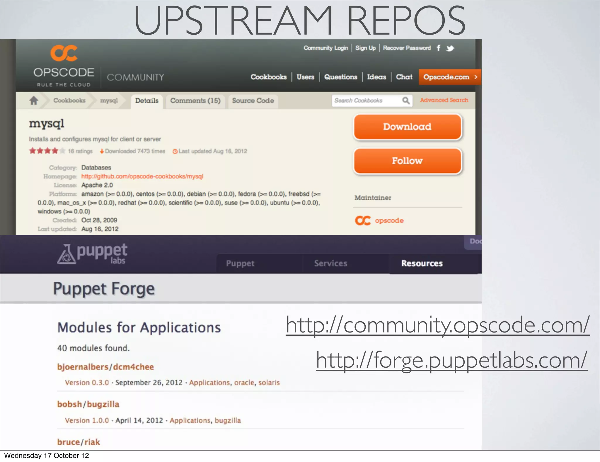 UPSTREAM REPOS




                                http://community.opscode.com/
                                   http://forge.puppetlabs.com/


Wednesday 17 October 12
 