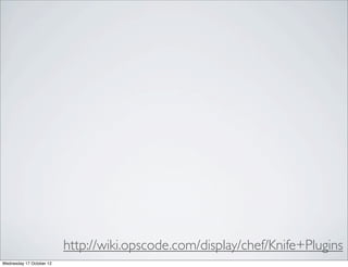 http://wiki.opscode.com/display/chef/Knife+Plugins
Wednesday 17 October 12
 