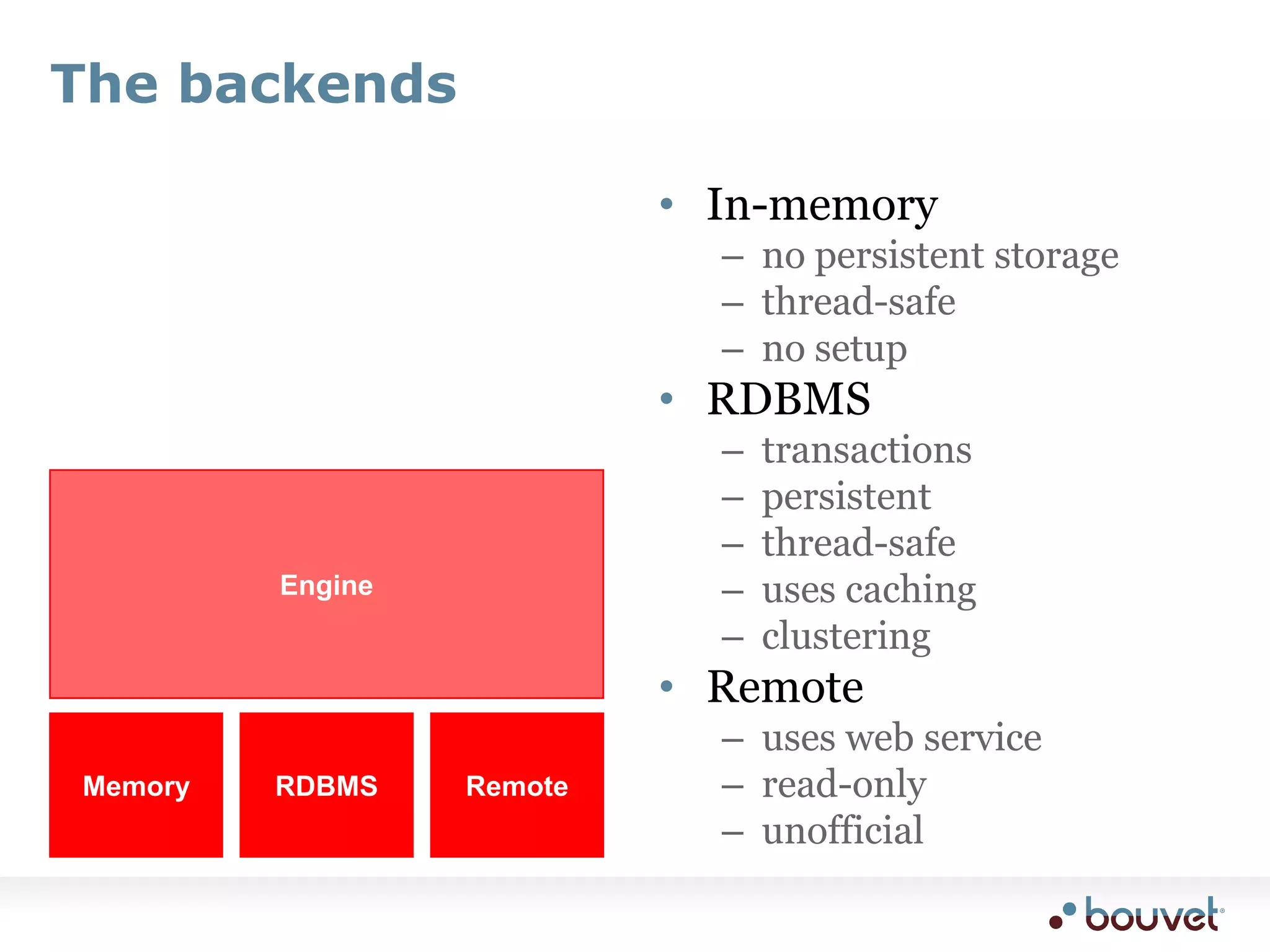 RDBMS BackendAllows the Engine to use topic maps stored in a relational databaseBased on a generic topic map schemaNecessary when working with very large topic mapsTransparent to applicationsFeaturesAutomatically loads data when neededCaches frequently used dataFull support for RDBMS transactionsSupports tolog-to-SQL compilationStatistical reports for performance tuningPlatform supportOracle, MySQL, PostgreSQL, MS SQL ServerTest suite available for verifying compatibility with other JDBC-enabled RDBMSes