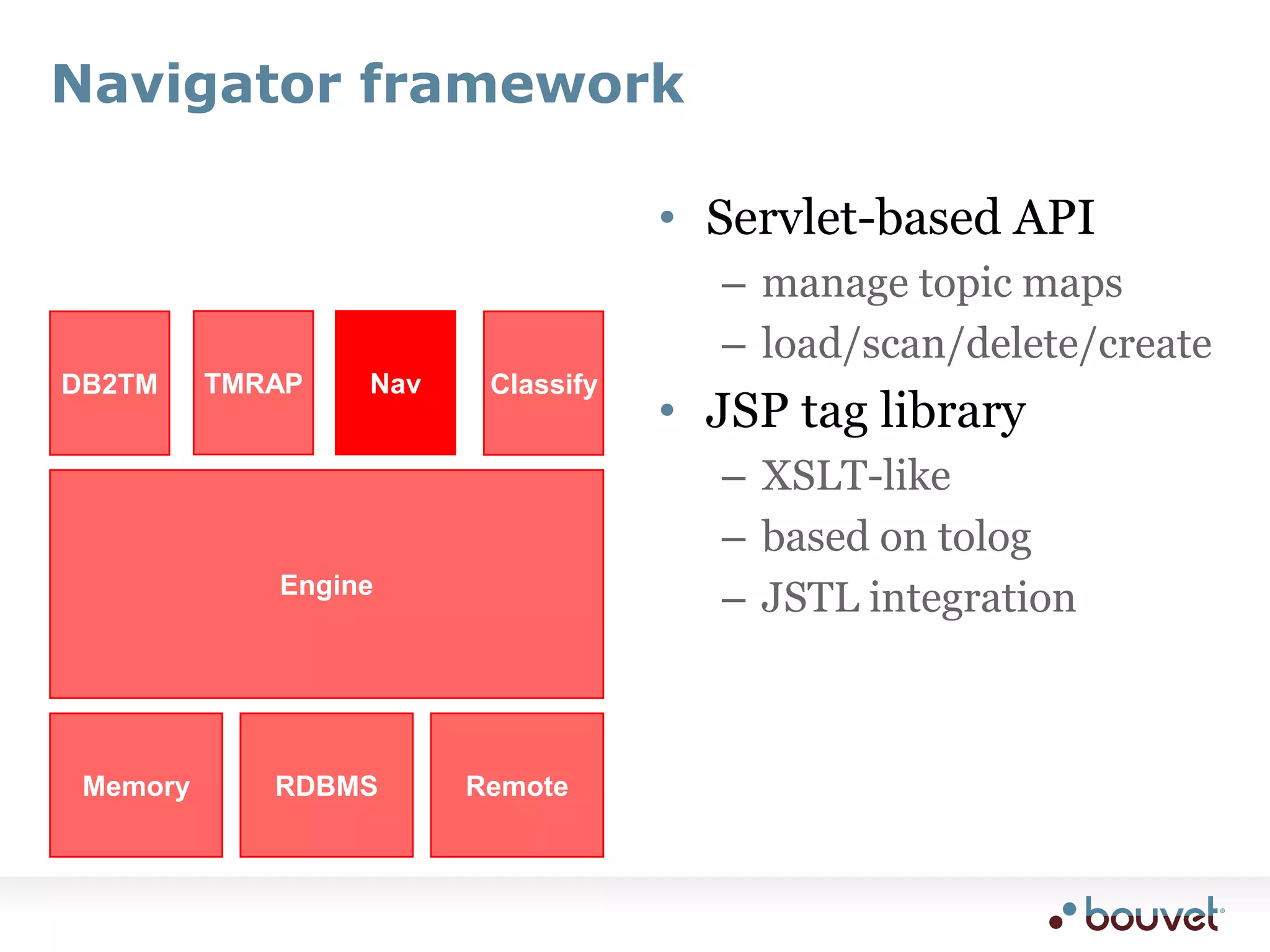 Ontopia Navigator FrameworkJava API for interacting with TM repositoryJSP tag librarybased on tologkind of like XSLT in JSP with tolog instead of XPathhas JSTL integrationUndocumented partsweb presentation componentssome wrapped as JSP tagswant to build proper portlets from them