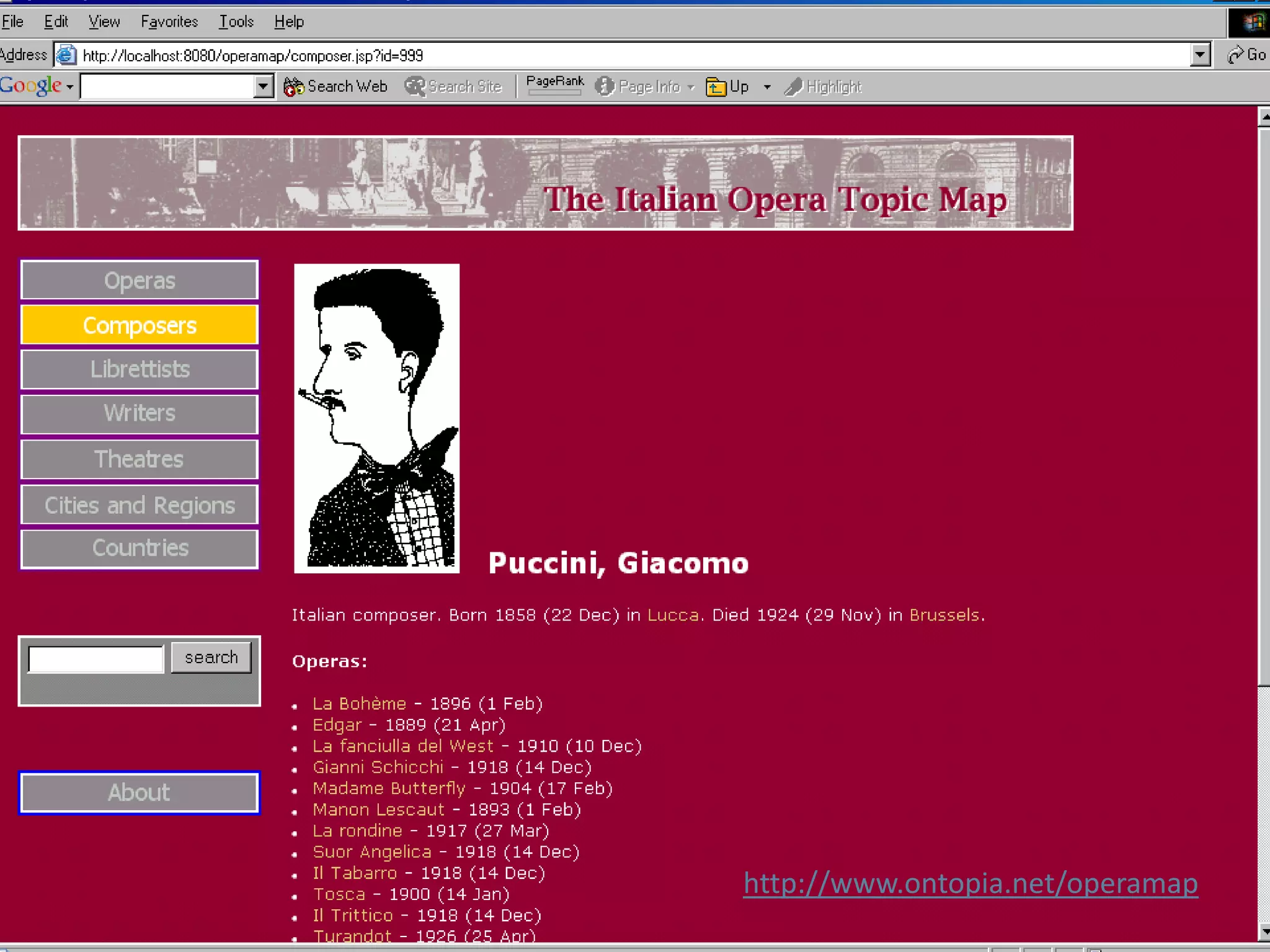 Navigator tag library example   <%-- assume variable 'composer' is already set --%><p><b>Operas:</b><br/><tolog:foreach query=”composed-by(%composer% : composer, $OPERA : opera),                      { premiere-date($OPERA, $DATE) }?”>  <li>    <a href="opera.jsp?id=<tolog:id var="OPERA"/>”         ><tolog:out var="OPERA"/></a>       <tolog:if var="DATE">      <tolog:out var="DATE"/>    </tolog:if>  </li></tolog:foreach></p>