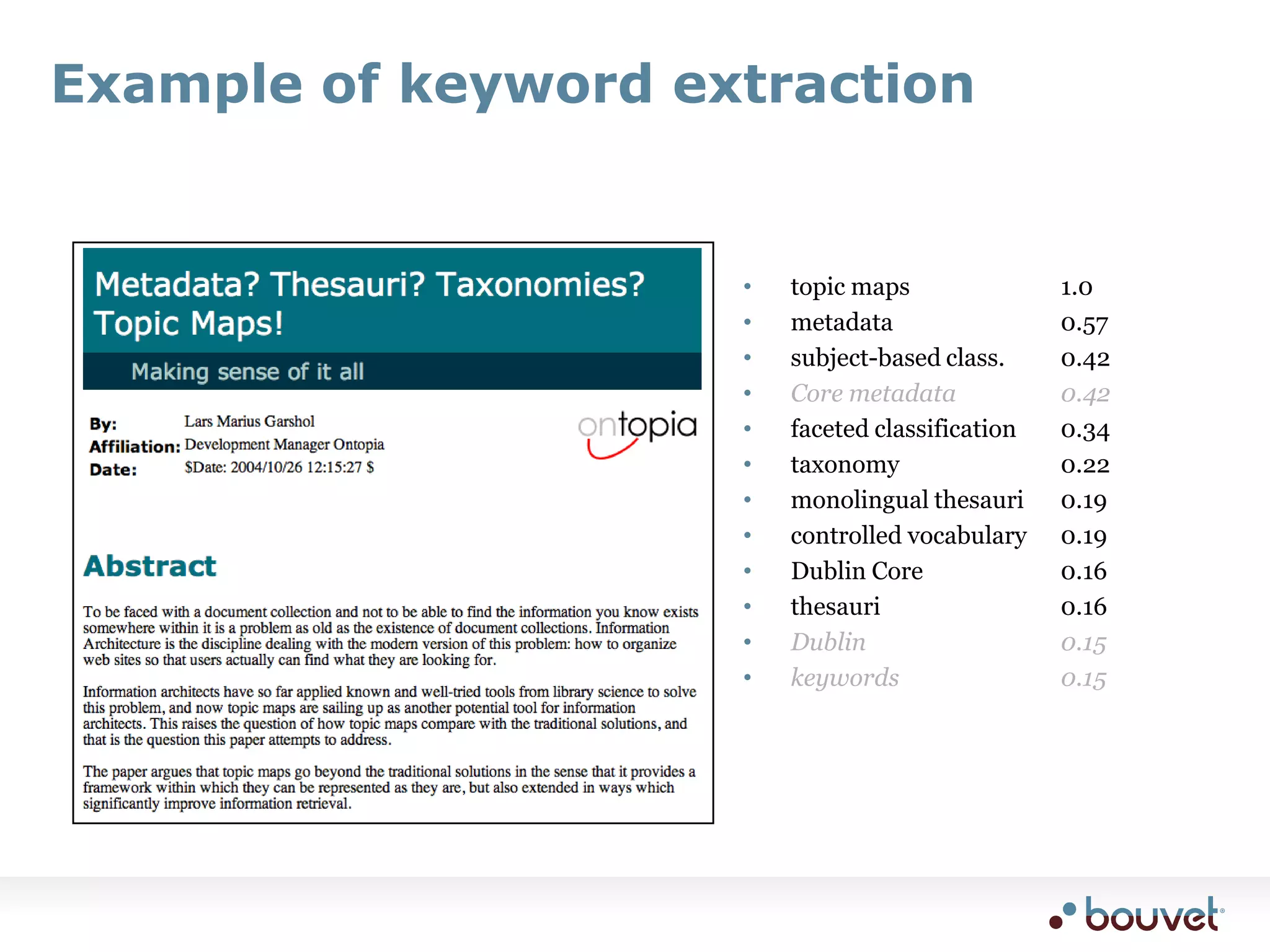 Example #2Automated classification		1.0	5Topic Maps				0.51	14XSLT					0.38	11compound keywords		0.29	2keywords				0.26	20Lars					0.23	1Marius					0.23	1Garshol				0.22	1...