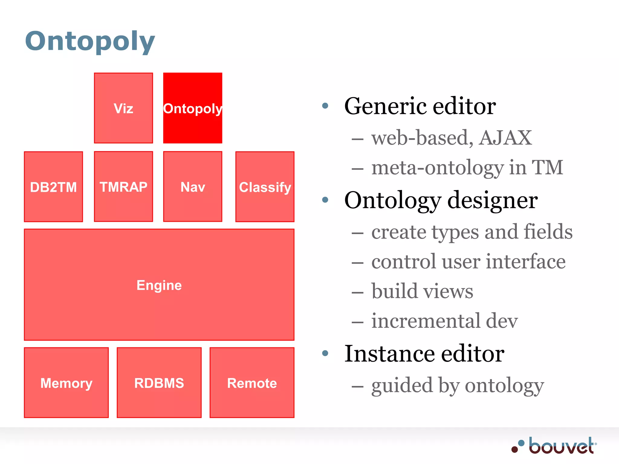 OntopolyA generic Topic Maps editor, in two partsontology editor: used to create the ontology and schemainstance editor: used to enter instances based on ontologyBuilt with the Web Editor Frameworkworks with both XTM files and topic maps stored in RDBMS backendsupports access control to administrative functions, ontology, and instance editorsexisting topic maps can be importedparts of the ontology can be marked as read-only, or hidden